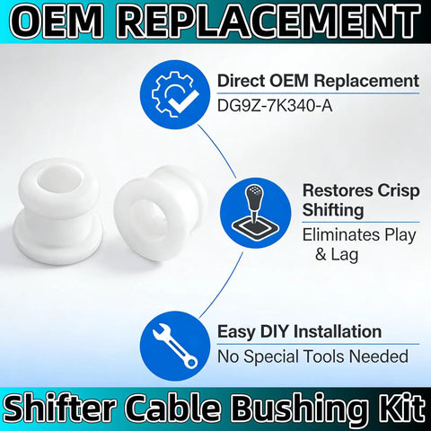 Ford Shift Cable Bushing Repair Kit 2 Pack Fits Focus MK Edge Escape Explorer Fusion Drop-In OEM Replacement For DG9Z-7K340-A KV6Z-7K340-A Durable Wear Resistant Bushings Easy Install Restore Smooth Shifts with OEM replacement label and features overview