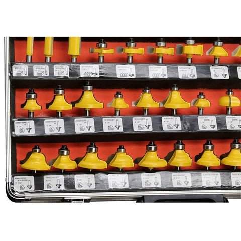 Rock Solid Fifty Piece Router Bit Set Featuring Quarter Inch Shank, showing yellow trimming bits in a sturdy case.