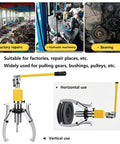 Shop Grade 10 Ton Hydraulic Gear Puller With Sturdy Transport Box For Wheel Bearing Separator And Cv Shaft Axle Rotors Goes Vertical Or Horizontal Takes The Sweat Out Of Stubborn Jams, showcasing horizontal and vertical uses.