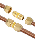 Top Shelf 2 Pack 1/4 Inch Flare Nut Kit Solid Copper Pipe Extension Joint Connectors with brass fittings and copper pipes.