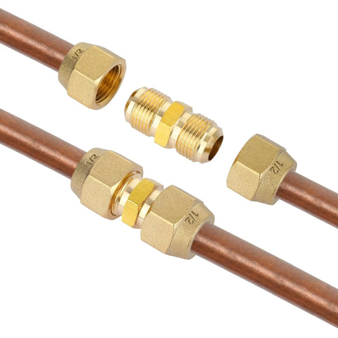 Top Shelf 2 Pack 1/4 Inch Flare Nut Kit Solid Copper Pipe Extension Joint Connectors with brass fittings and copper pipes.
