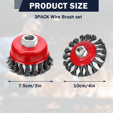 Front view of MIKILIKIEN 3-pack wire wheel brush set for angle grinder; red hubs, carbon steel bristles, 3 in and 4 in