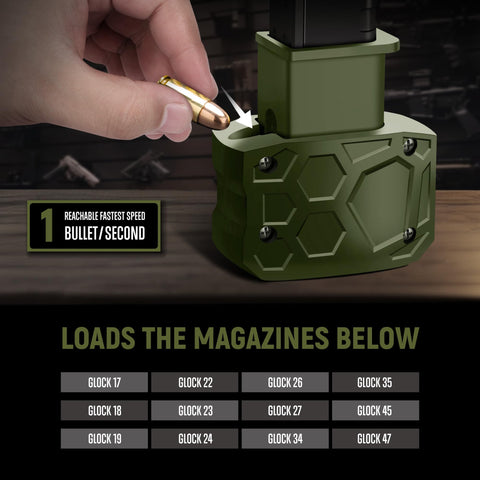 Plastic Magazine Speed Loader for 9mm and 40sw Quick and Pain Free Reload, compact green design handheld loading