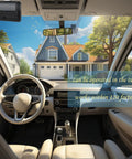 View of a suburban house through a car windshield with "Universal Learn Button Garage Door Opener Remote For LiftMaster Chamberlain Craftsman" in use