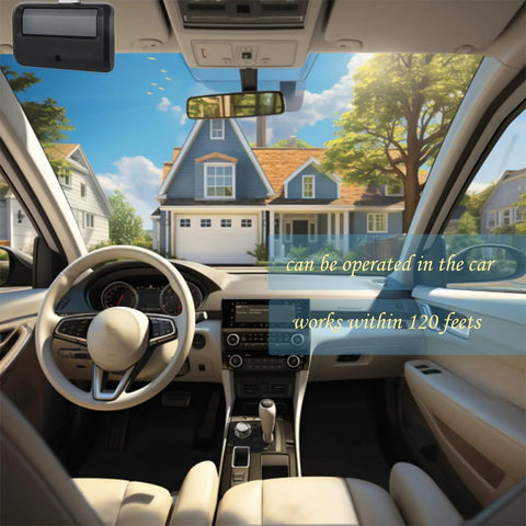 View of a suburban house through a car windshield with "Universal Learn Button Garage Door Opener Remote For LiftMaster Chamberlain Craftsman" in use