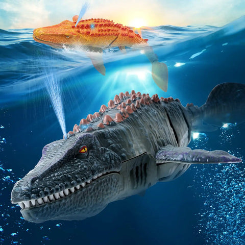 Remote Control Mosasaurus Vs Shark Dino Toy For Kids 3 4 5 6 7 With Light And Water Spray in ocean battle scene