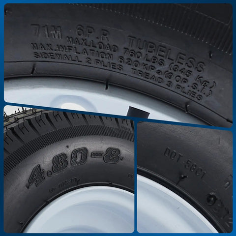 Close-up of 2 Pack 4.80-8 Trailer Tires With 8 Inch Rims 4 Lug On 4 Inch Bolt Pattern showing tire markings and tread detail