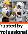 Two professionals shaking hands in an industrial setting, Trusted by Professionals text overlay.