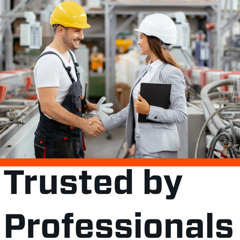 Two professionals shaking hands in an industrial setting, Trusted by Professionals text overlay.