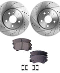Front brake rotor and pad kit for 2010–2015 Chevrolet Camaro; two cross-drilled, slotted rotors with pads