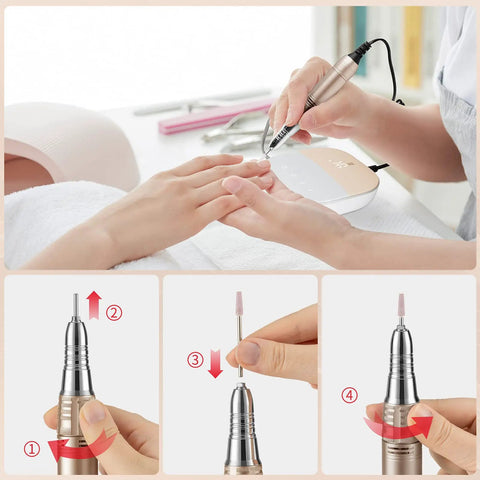 TopShelf Electric Nail Drill Machine With Touch Screen And Lcd Display For Acrylic And Gel Sanding Smooth Ride For Salon Or Home Manicure Sessions Compact Build In Pink in use with manicure tools.