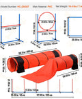 Ultimate Dog Agility Course Backyard Set With 13 Pieces showing PVC hurdles, jump ring, tunnels, and obstacles with measurements.
