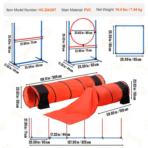 Ultimate Dog Agility Course Backyard Set With 13 Pieces showing PVC hurdles, jump ring, tunnels, and obstacles with measurements.
