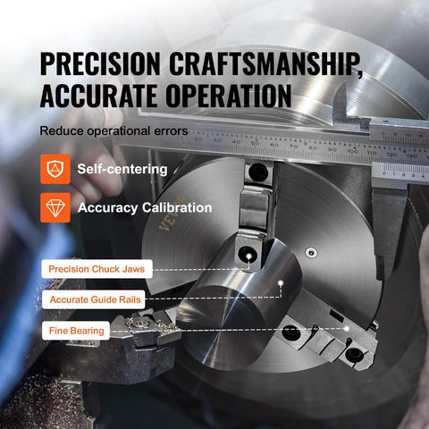 Three Jaw Self Centering Lathe Chuck 8 Inch with precision calibration and self-centering features in operation
