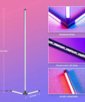 2 Pack RGB Corner Floor Lamp Set For Living Room, shown with aluminum body, dream color LED strip, and acrylic lampshade details