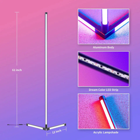 2 Pack RGB Corner Floor Lamp Set For Living Room, shown with aluminum body, dream color LED strip, and acrylic lampshade details