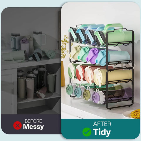 Stackable Metal Water Bottle Organizer 4 Tier Rack For 20 30 40 Oz Tumblers From Yeti And Stanley Fits Cup Accessories in use