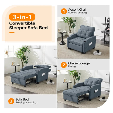 3-In-1 Convertible Sofa Bed Chair With Adjustable Backrest USB Ports And Cup Holders Cozy Cushions for small spaces