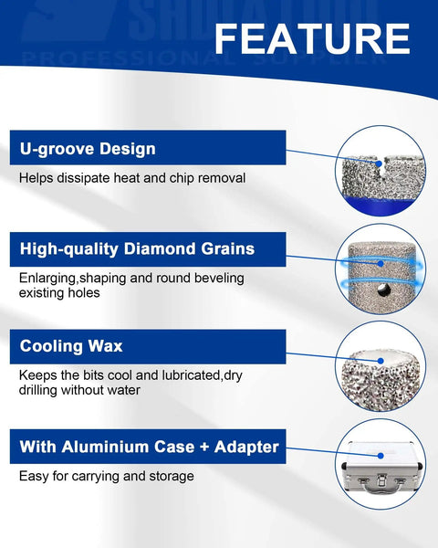 Diamond Core Drill Bit Set For Porcelain Tiles And Natural Stone Pro Grade Hole Saw Cutter Kit product features infographic