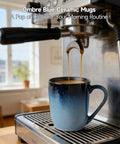 Ombre blue ceramic mug under espresso machine in a cozy kitchen setting