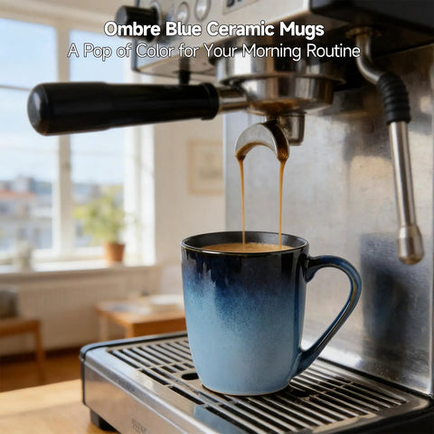Ombre blue ceramic mug under espresso machine in a cozy kitchen setting