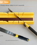 All In One 4 Piece Miter Box And Saw Set With A 2.68 By 12 Inch Box And Three Blades For Precise Miter And Bevel Cuts From Hardwood To Soft Metal Light Duty DIY Woodworking For Quick Clean Finishes showing yellow miter box and saw.