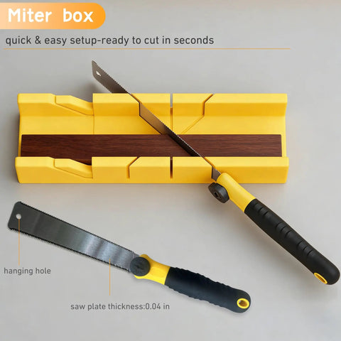 All In One 4 Piece Miter Box And Saw Set With A 2.68 By 12 Inch Box And Three Blades For Precise Miter And Bevel Cuts From Hardwood To Soft Metal Light Duty DIY Woodworking For Quick Clean Finishes showing yellow miter box and saw.