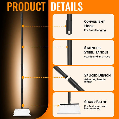 Heavy Duty Flat Shovel Scraper With 59 Inch Handle product details showcasing features: convenient hook, stainless steel handle, sharp blade.