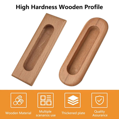 Oval Wood Recessed Concealed Door Handle Set Two Piece For Sliding Doors And Cabinets, natural beech wood, smooth finish, front view
