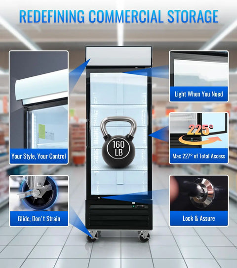 Top Shelf 27 Inch Commercial Display Freezer Upright Merchandiser with triple pane glass door, showcasing features like spacious access and easy mobility.
