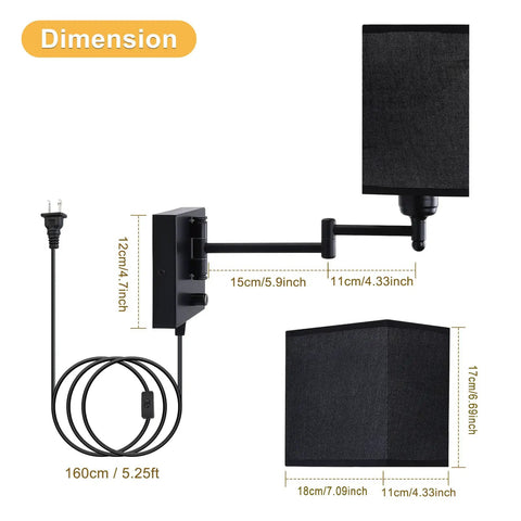 Diagram showing dimensions of Set Of 2 Plug In Wall Lamps With Swing Arm Sconces, Dimmable Corded Lights, No Hardwire Needed, Black Fabric Shade