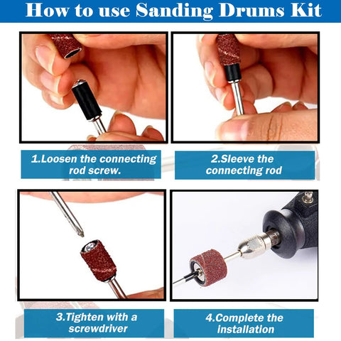 Sanding drums kit for Dremel rotary tools with red abrasive drums, 1/8 in shank and assorted grinding bits