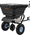 Tow Behind Lawn Spreader For Seed Fertilizer Ice Melt, 9.8 Foot Spreading Width, 85 Lb Hopper, 10 Inch All Terrain Tires, Adjustable Flow