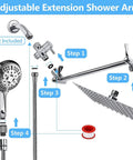 High Pressure Rainfall Shower Head Combo With 11 Inch Extension Arm And 9 Settings Handheld, components view