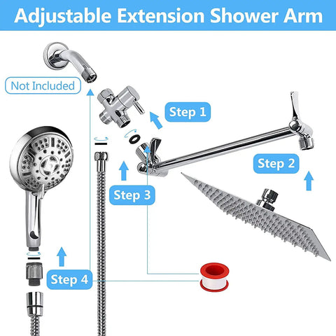 High Pressure Rainfall Shower Head Combo With 11 Inch Extension Arm And 9 Settings Handheld, components view