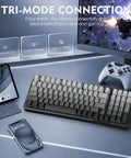 Premium Tri Mode Wireless Gaming Keyboard With Bluetooth And 2.4Ghz Support Plus Steady Usb C Wired Option For Quick Five Device Pairing displayed on a desk with devices.