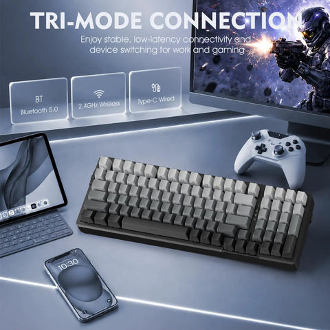 Premium Tri Mode Wireless Gaming Keyboard With Bluetooth And 2.4Ghz Support Plus Steady Usb C Wired Option For Quick Five Device Pairing displayed on a desk with devices.