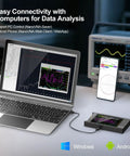 NanoVNA H4 Vector Network Analyzer V4.4 With Four Inch Hd Touchscreen connected to laptop and phone for data analysis.
