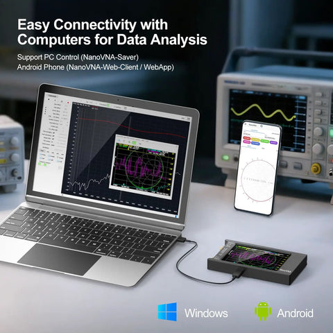 NanoVNA H4 Vector Network Analyzer V4.4 With Four Inch Hd Touchscreen connected to laptop and phone for data analysis.