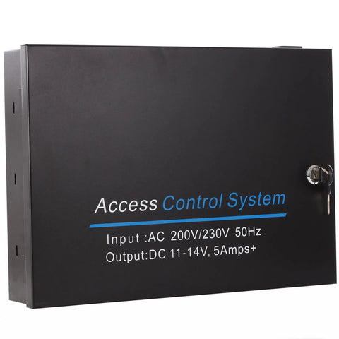 Heavy Duty Access Control Power Supply Box Pumping Out Steady 12Vdc Current For Wiegand Boards And Delivering Zero Hassle Installations For Magnetic Locks And Exit Buttons, black metal enclosure.