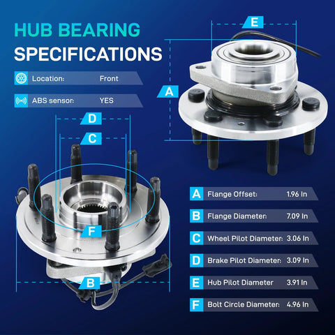 Beefy 4x4 Wheel Hub Bearing Assembly 515036 With ABS Front 6 Lug Fit For GM Trucks And SUVs specifications diagram