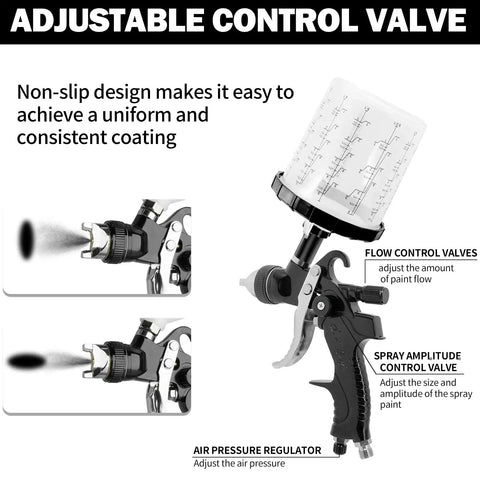 HVLP Car Paint Sprayer Gun Kit with adjustable control valve for flow and air pressure, ensuring smooth finishes.