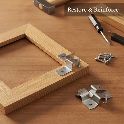 10-Pack Z Shaped Corner Braces for Picture Frames and Furniture, Chrome Plated Steel Right Angle Connectors on wooden frame
