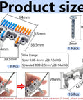 2 In 12 Out Lever Terminal Block Kit For 28-12 AWG Wire, Dual Input To Twelve Output, High-Density DIN Rail And Screw Fix, 8-Set Pack, Tool-Free Lever Connection For Super Handy Wiring And Easy Distribution. Product size diagram