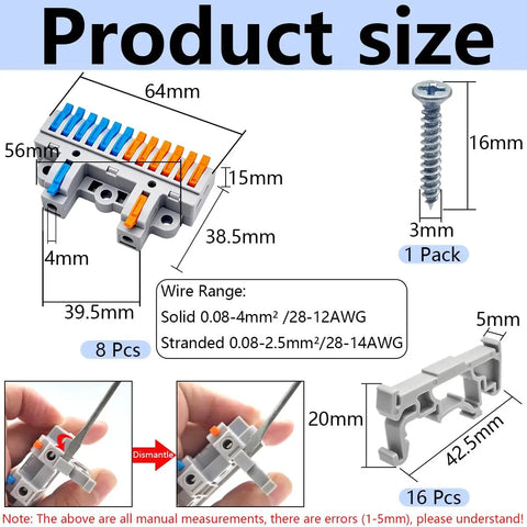 2 In 12 Out Lever Terminal Block Kit For 28-12 AWG Wire, Dual Input To Twelve Output, High-Density DIN Rail And Screw Fix, 8-Set Pack, Tool-Free Lever Connection For Super Handy Wiring And Easy Distribution. Product size diagram