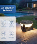 Solar Post Lights Outdoor 14.96 Inch IP54 Waterproof Pillar Lamps in rain on patio, showcasing durability.
