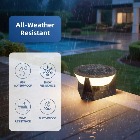 Solar Post Lights Outdoor 14.96 Inch IP54 Waterproof Pillar Lamps in rain on patio, showcasing durability.