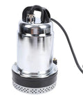 Heavy Duty Workhorse Drainage Sump Pump With Solid Stainless Steel Body And No Sweat Operation For Agricultural Garden Basement And Farm Flooding Featuring Rock Solid 26 Foot Lift And Smooth 180 Watt Kick, showing stainless steel body and power cord.