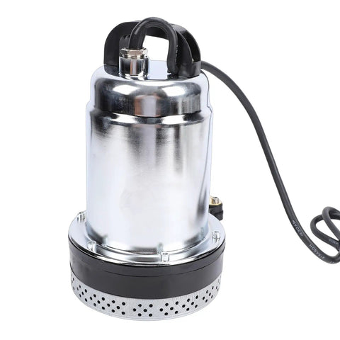 Heavy Duty Workhorse Drainage Sump Pump With Solid Stainless Steel Body And No Sweat Operation For Agricultural Garden Basement And Farm Flooding Featuring Rock Solid 26 Foot Lift And Smooth 180 Watt Kick, showing stainless steel body and power cord.