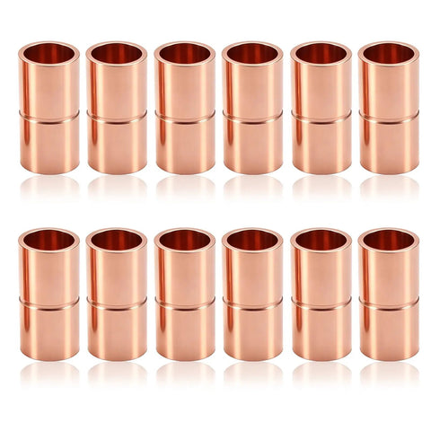 Twelve Pack Quarter Inch Copper Pipe Couplings And Straight Adapters for HVAC refrigeration, showing copper fittings.